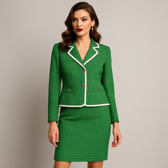 Le Suit Green Windowpane Skirt Suit Set Size 16P NWT – Classic Power Look - Picture 1 of 15